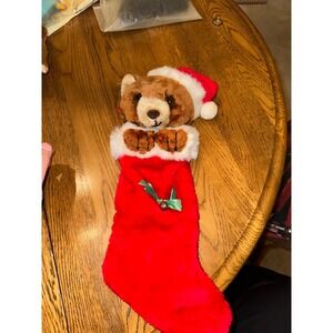 Christmas Stocking Plush Bear Santa Hat Holiday Decor Festive Gift Holder